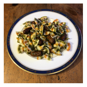 Lemon basil pistou pasta with cocktail sausages